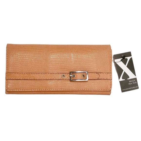 MAXX NY WOMEN'S LARGE FLAP WALLET ORANGE EMBOSSED GENUINE LEATHER (NWT) - Picture 1 of 11